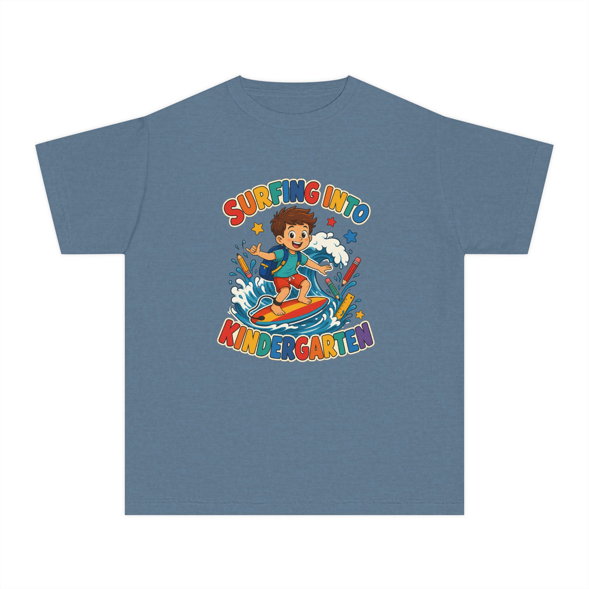 Surfing Into Kindergarten Kids Tee | Kindergarten Surf Shirt | Youth Beach T-Shirt | Surf Kid Gift