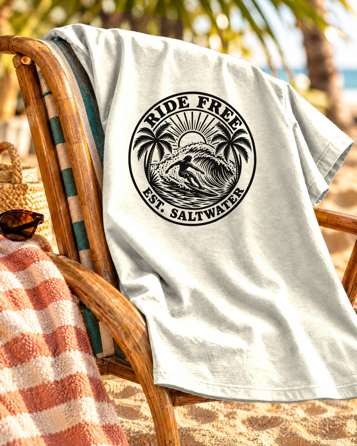 Ride Free Woodcut Surf Shirt | Est Saltwater Badge Tee | Comfort Colors T-Shirt