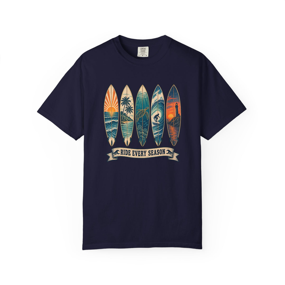 Ride Every Season Tee | Vintage Surfboard Art Shirt | Retro Surf T-Shirt | Comfort Colors Gift