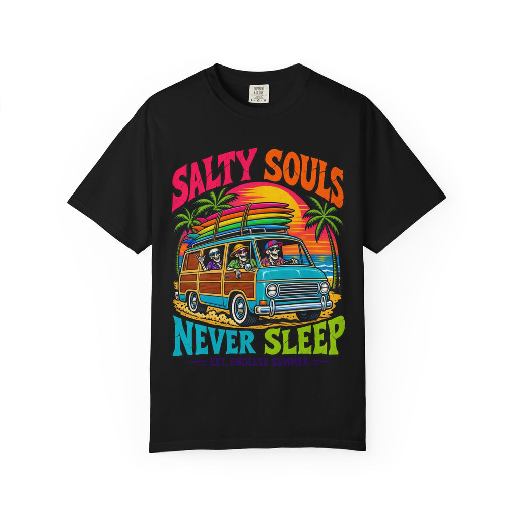 Salty Souls Never Sleep Tee | Skeleton Surf Van Shirt | Funny Retro Surf T-Shirt | Comfort Colors
