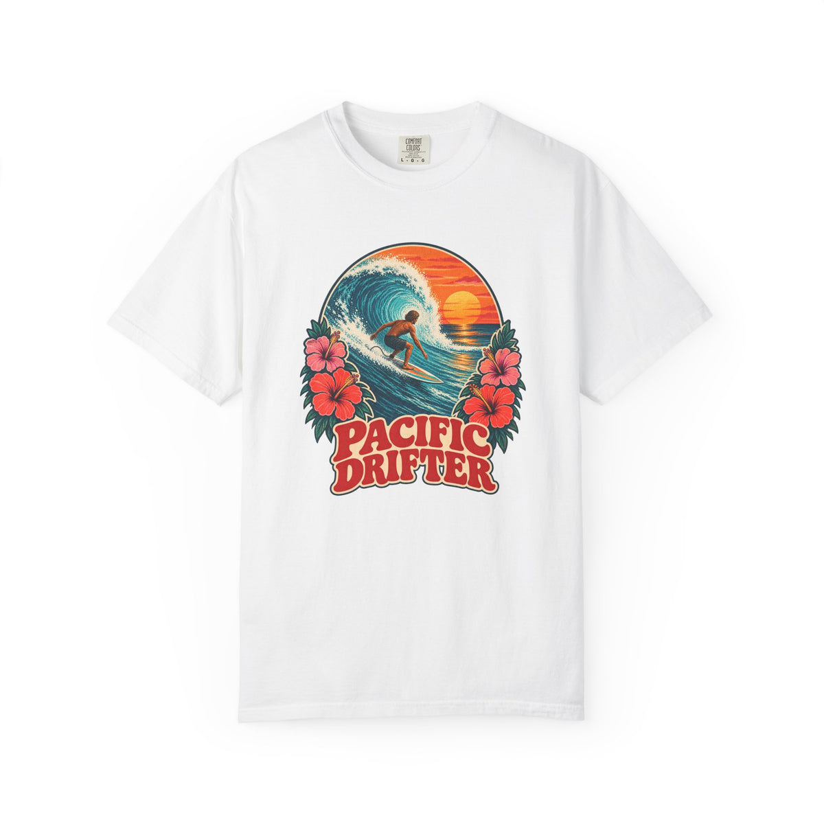 Pacific Drifter Tee | Retro Surfer Wave Hibiscus Shirt | Vintage Surf T-Shirt | Comfort Colors Gift