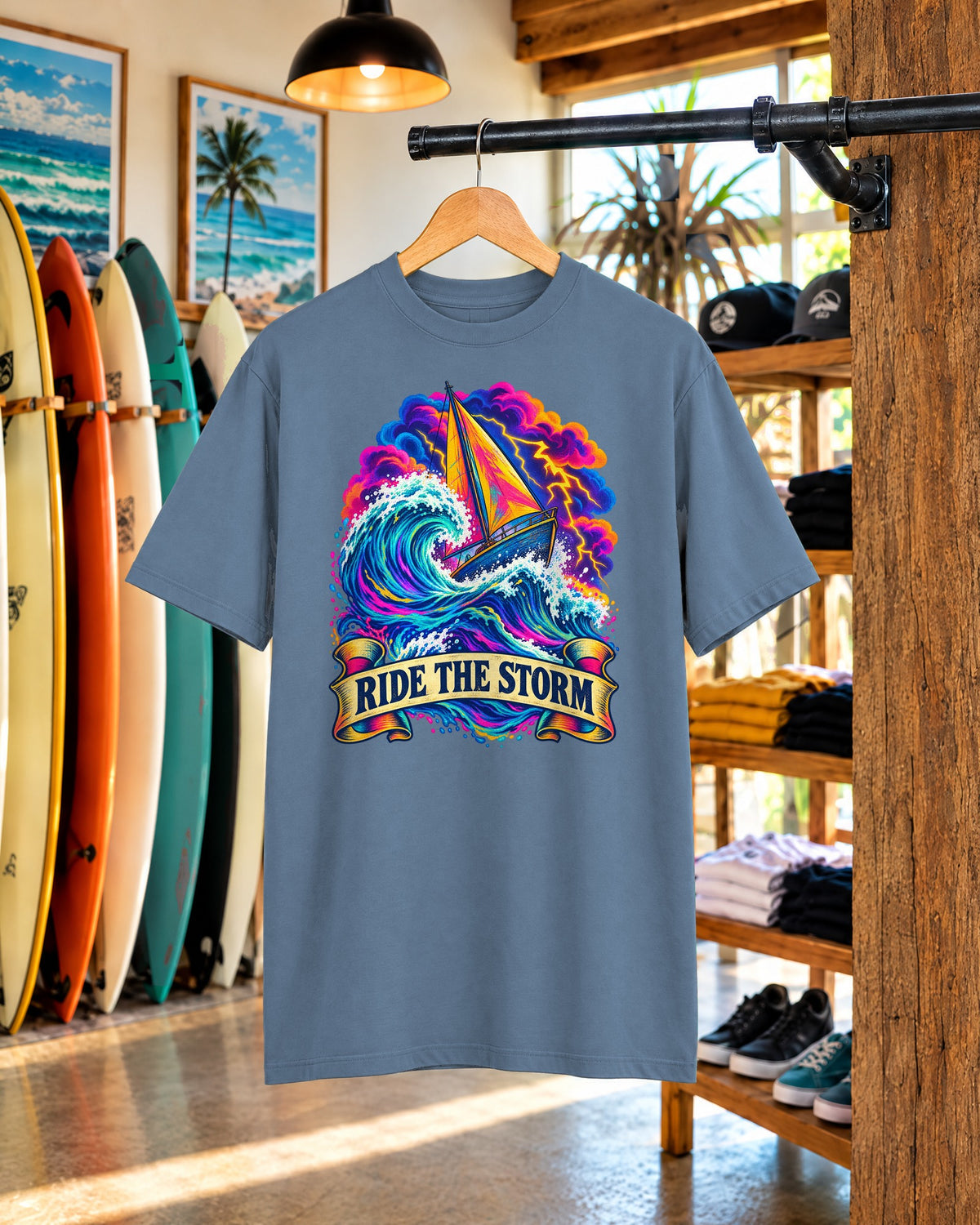 Ride The Storm Tee | Sailboat Big Wave Shirt | Bold Ocean Art T-Shirt | Comfort Colors