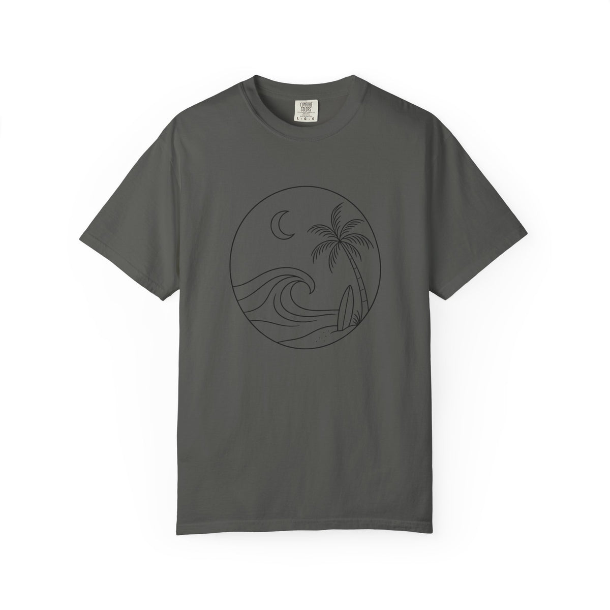 Moonlit Surf Line Art T-Shirt | Palm Tree Wave Circle Design