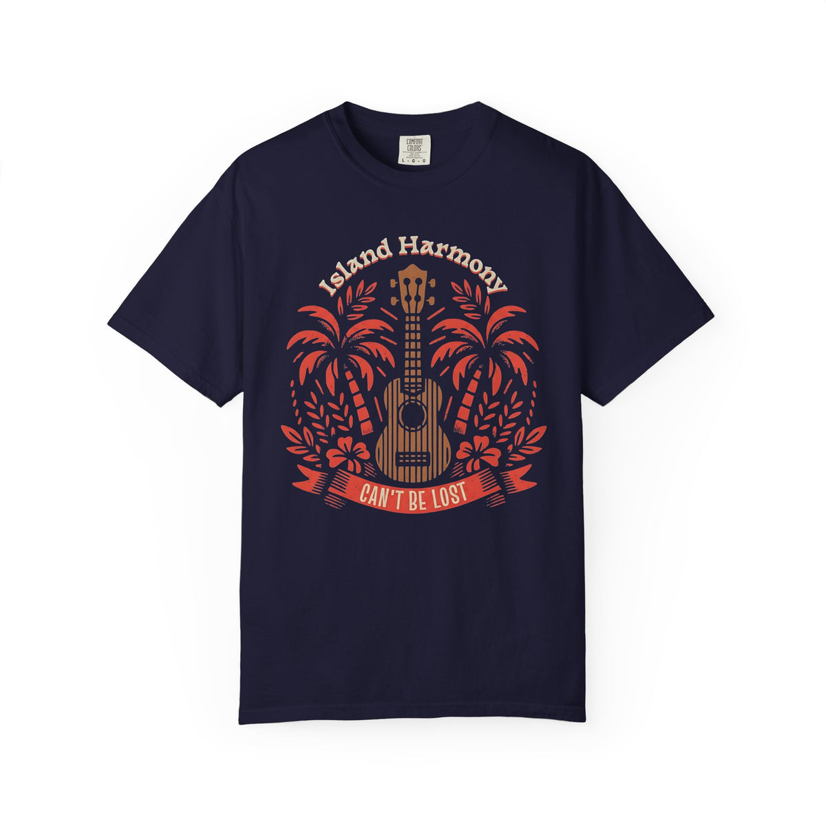 Island Harmony Guitar Tee | Can't Be Lost palm tree ukulele design