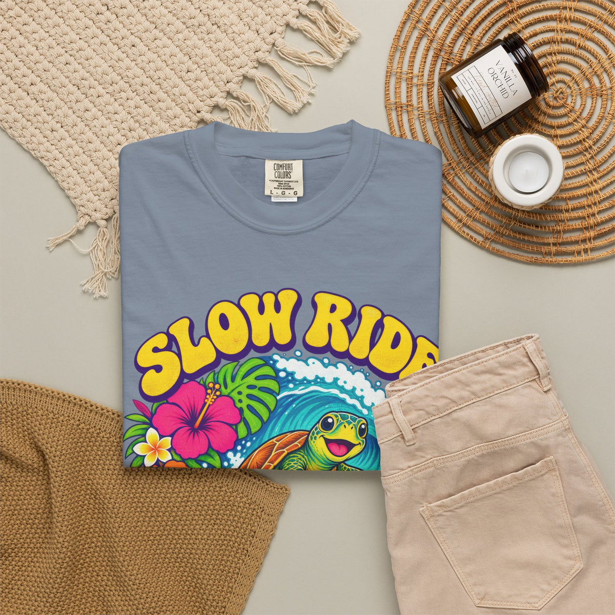 Slow Ride Good Tide Tee | Sea Turtle Surf Shirt | Groovy 70s Beach T-Shirt | Comfort Colors