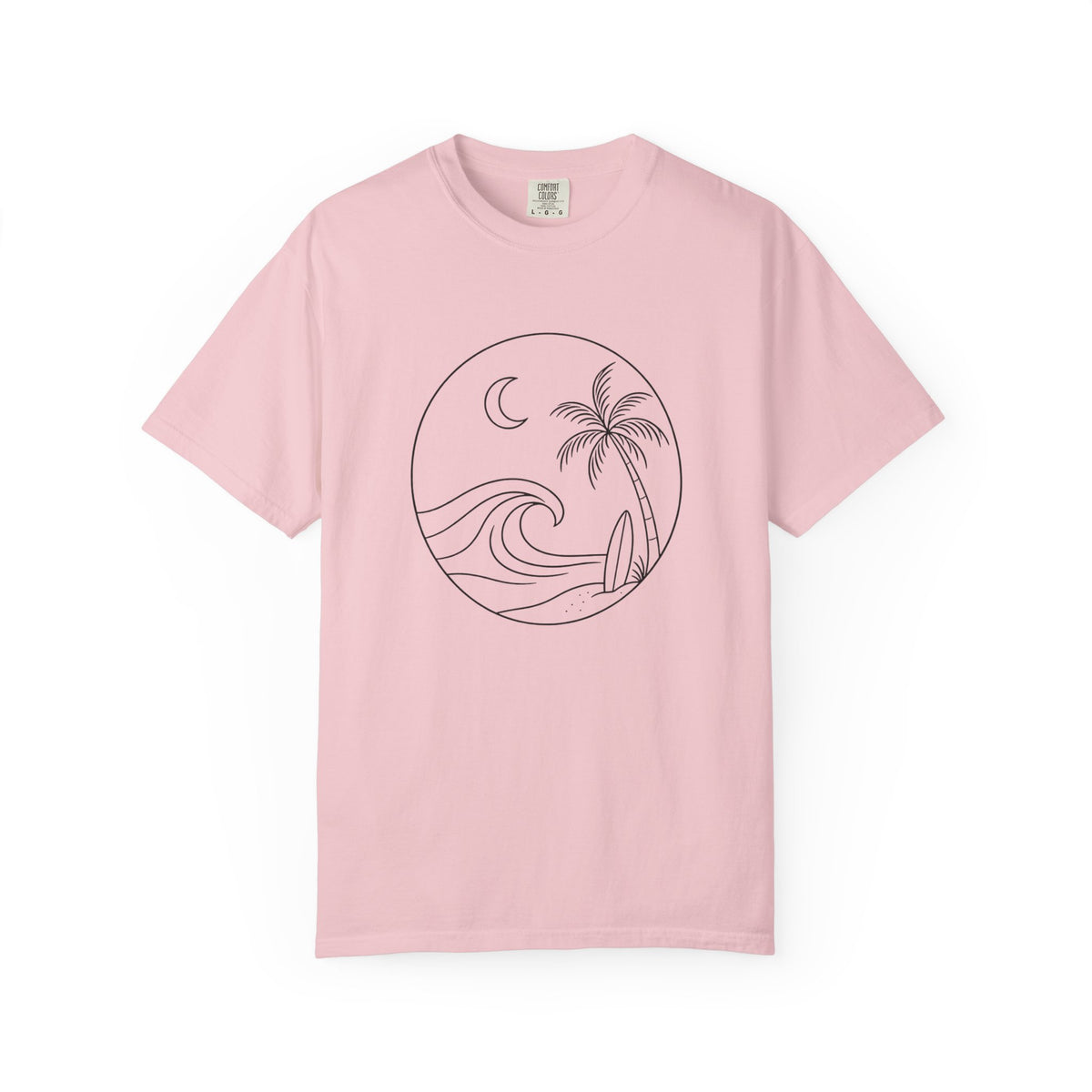 Moonlit Surf Line Art T-Shirt | Palm Tree Wave Circle Design