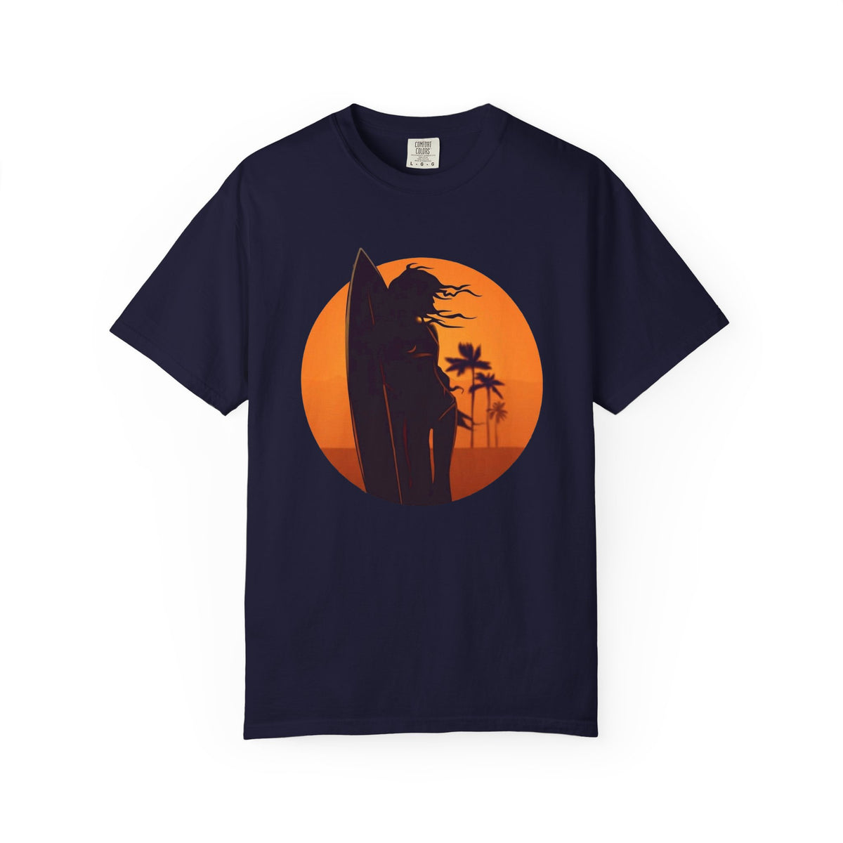 Sunset Surf Girl Tee | Retro Surfer Silhouette Shirt | Palm Tree Sunset Beach T-Shirt | Comfort Colors