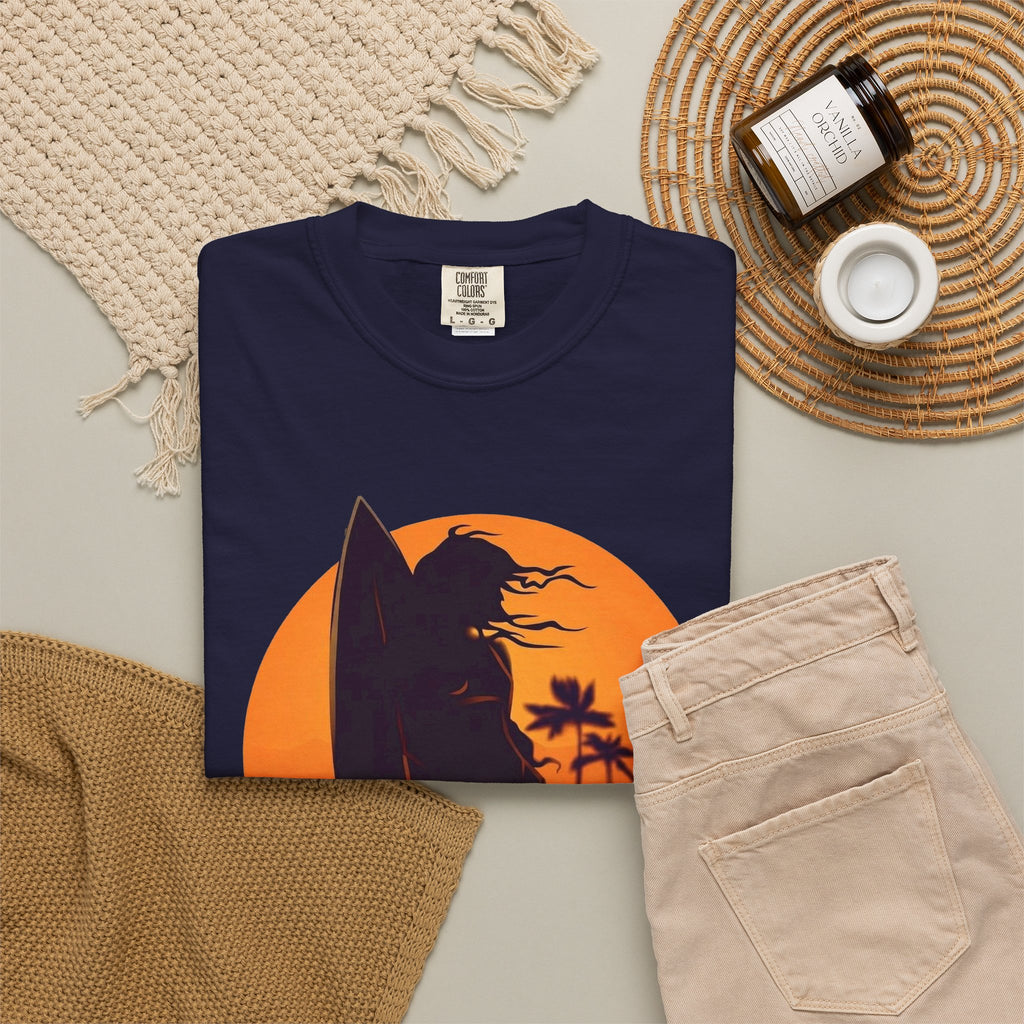 Sunset Surf Girl Tee | Retro Surfer Silhouette Shirt | Palm Tree Sunset Beach T-Shirt | Comfort Colors