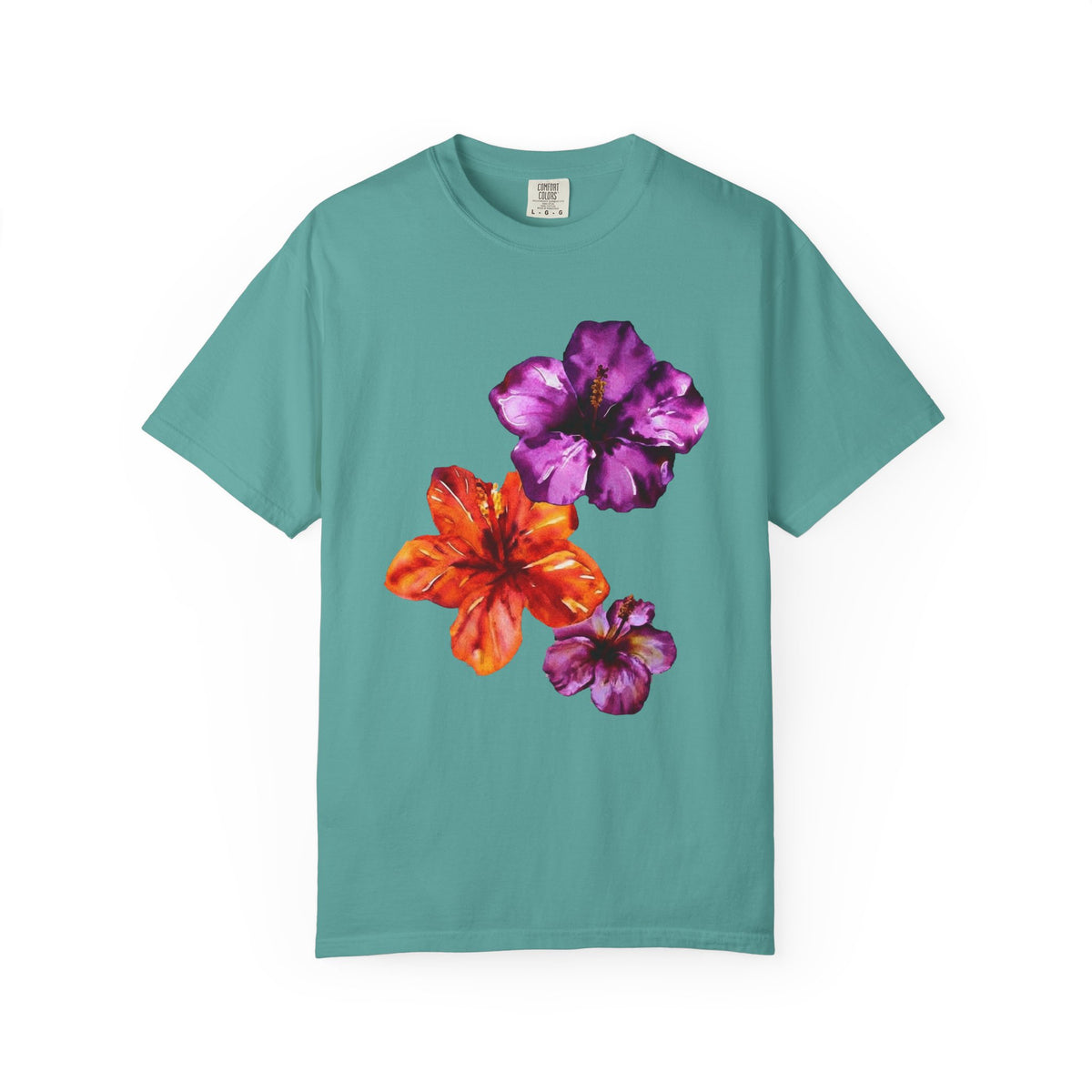 Watercolour Hibiscus Tee | Tropical Flowers Shirt | Purple and Orange Hibiscus T-Shirt | Comfort Colors