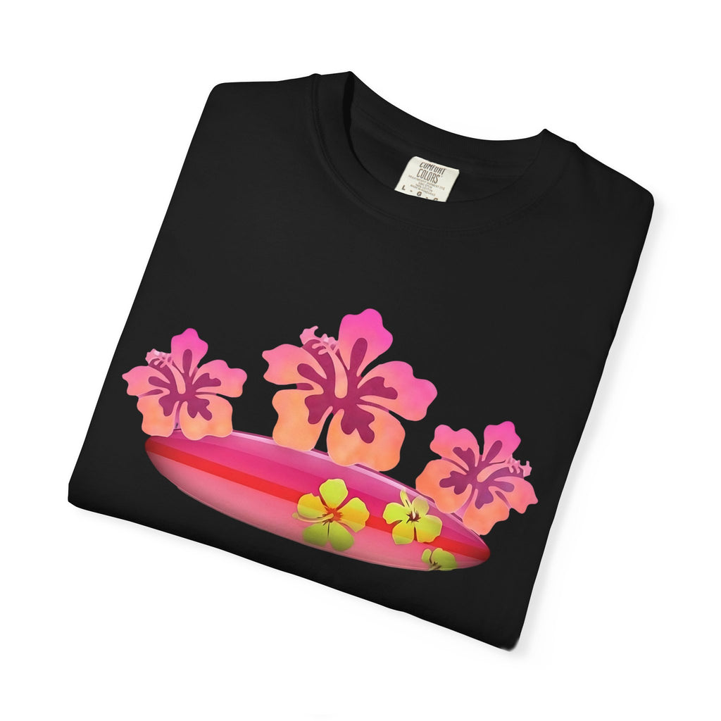 Hibiscus Surfboard Tee | Pink Hibiscus Surf Shirt | Tropical Surfer Girl T-Shirt | Comfort Colors