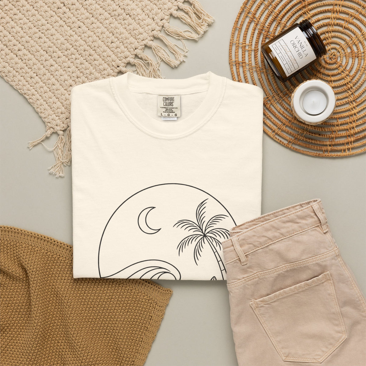 Moonlit Surf Line Art T-Shirt | Palm Tree Wave Circle Design