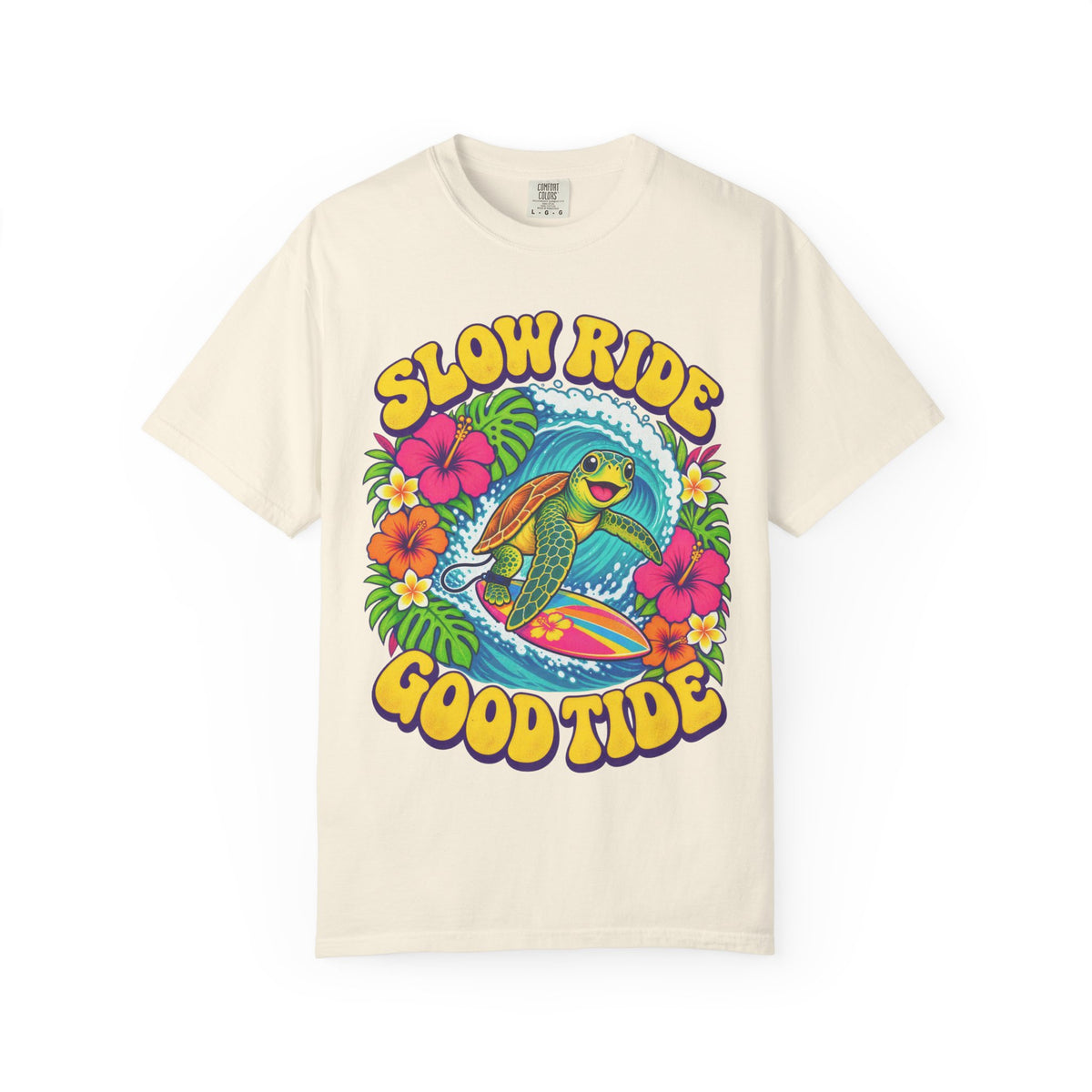 Slow Ride Good Tide Tee | Sea Turtle Surf Shirt | Groovy 70s Beach T-Shirt | Comfort Colors