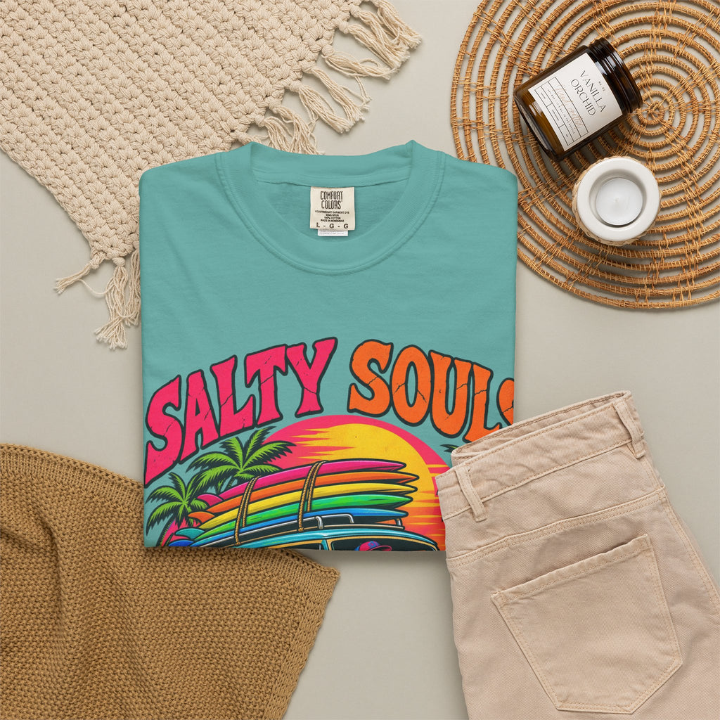 Salty Souls Never Sleep Tee | Skeleton Surf Van Shirt | Funny Retro Surf T-Shirt | Comfort Colors