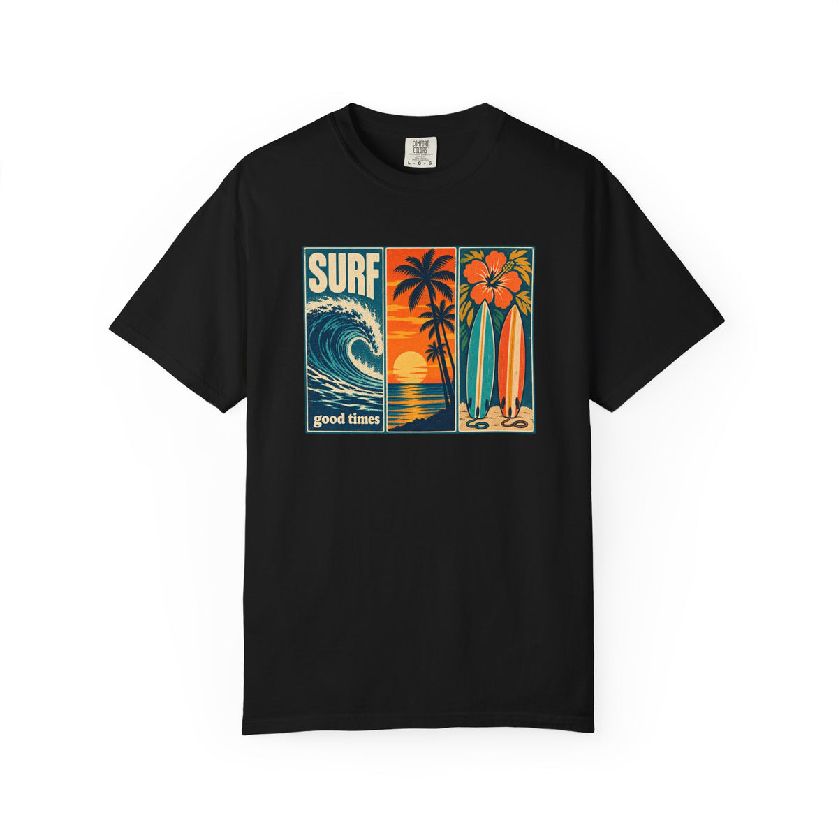 Surf Good Times Tee | Retro Panel Surf Shirt | Vintage Wave Sunset Surfboard T-Shirt | Comfort Colors Gift