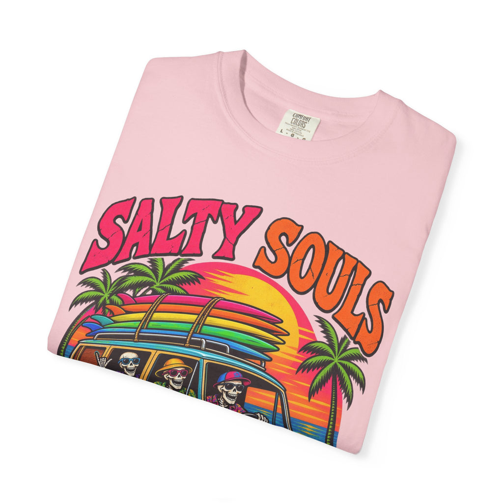Salty Souls Never Sleep Tee | Skeleton Surf Van Shirt | Funny Retro Surf T-Shirt | Comfort Colors