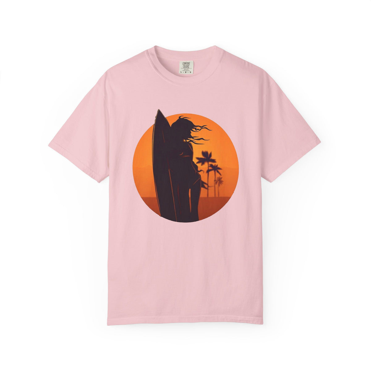 Sunset Surf Girl Tee | Retro Surfer Silhouette Shirt | Palm Tree Sunset Beach T-Shirt | Comfort Colors