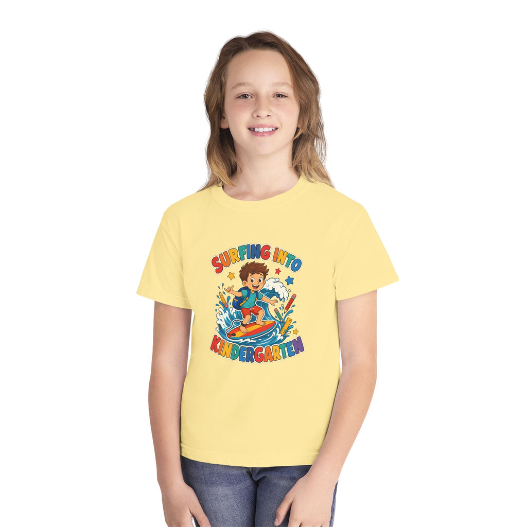 Surfing Into Kindergarten Kids Tee | Kindergarten Surf Shirt | Youth Beach T-Shirt | Surf Kid Gift