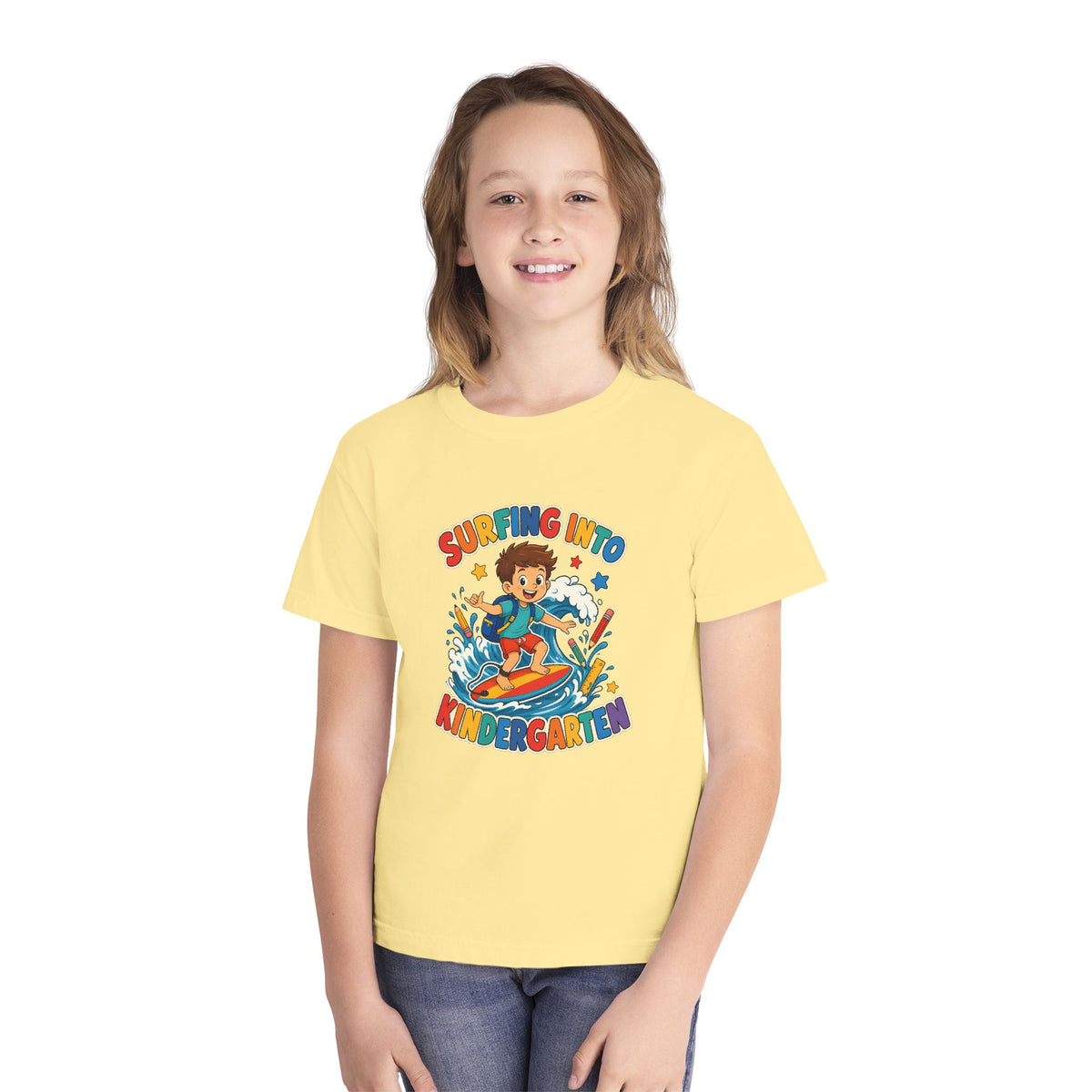 Surfing Into Kindergarten Kids Tee | Kindergarten Surf Shirt | Youth Beach T-Shirt | Surf Kid Gift