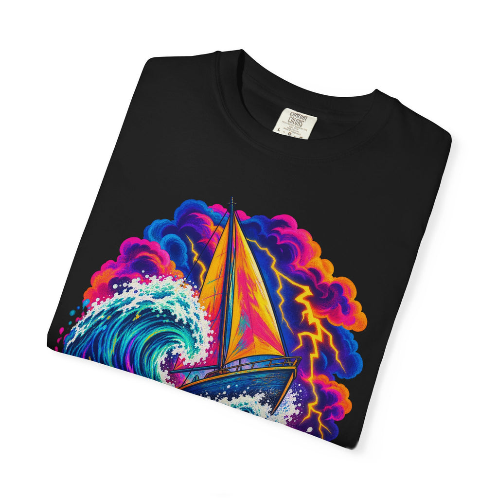 Ride The Storm Tee | Sailboat Big Wave Shirt | Bold Ocean Art T-Shirt | Comfort Colors