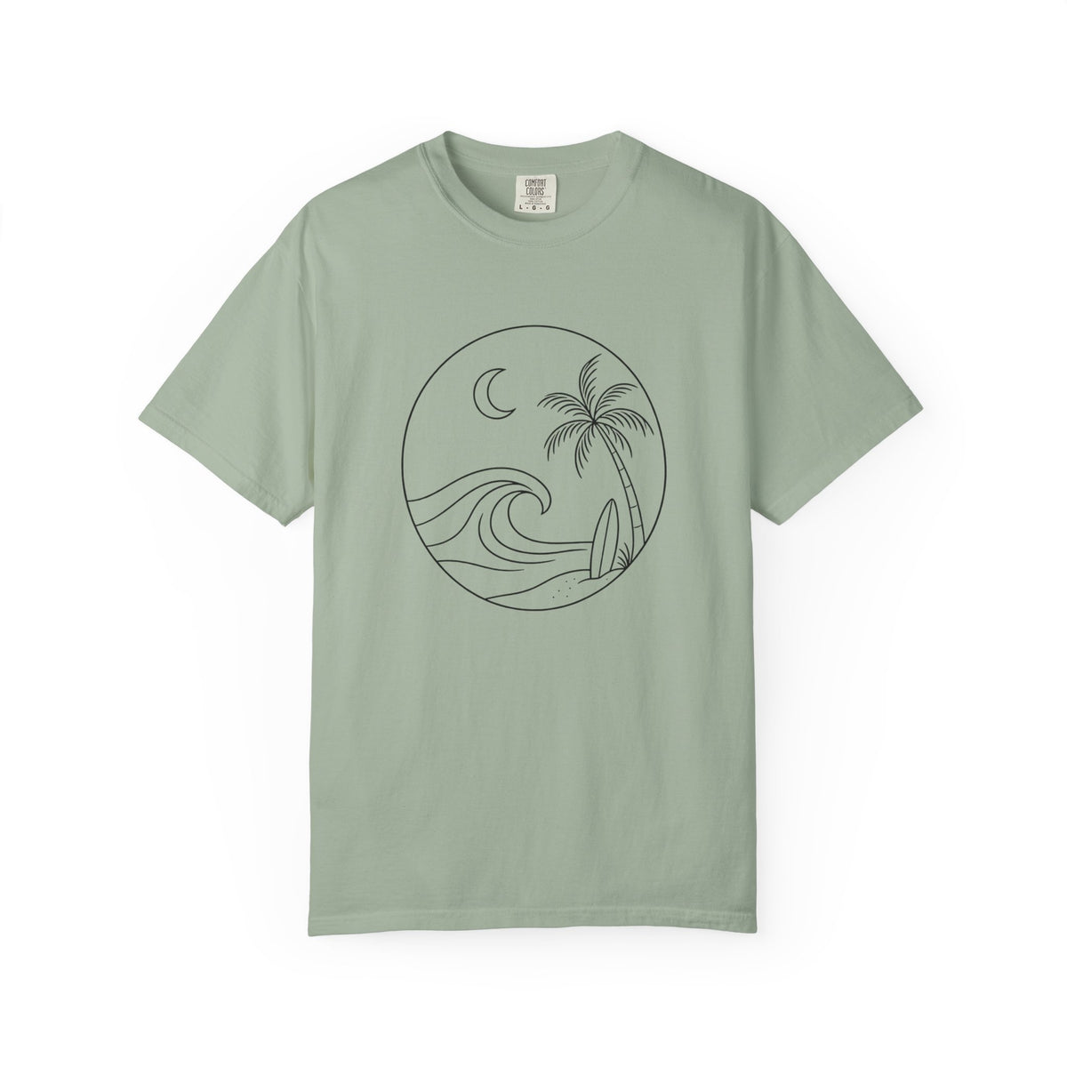 Moonlit Surf Line Art T-Shirt | Palm Tree Wave Circle Design