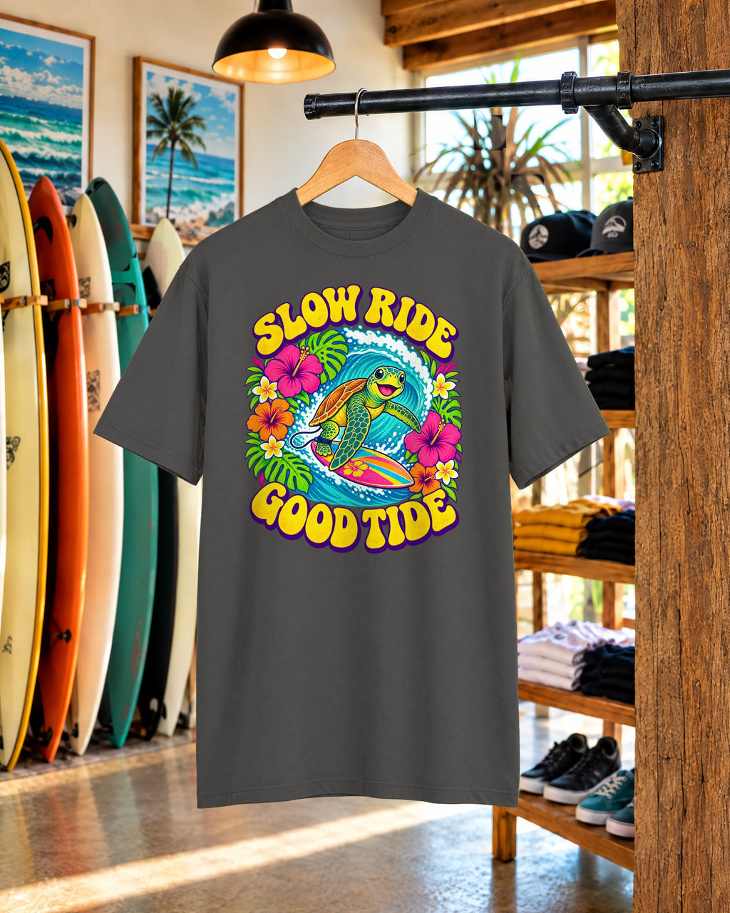 Slow Ride Good Tide Tee | Sea Turtle Surf Shirt | Groovy 70s Beach T-Shirt | Comfort Colors