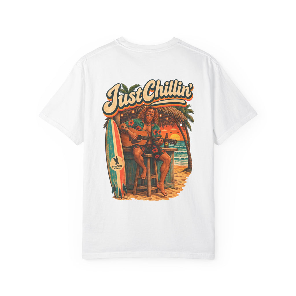 Just Chillin' Surf T-Shirt — Retro Beach Vibes with Guitarist Graphic