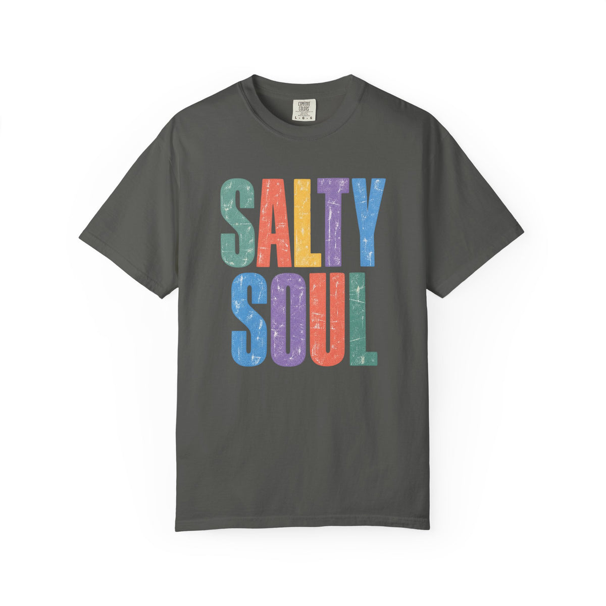 Salty Soul Tee | Retro Rainbow Letter Beach Shirt | Colourful Surf T-Shirt | Comfort Colors Gift