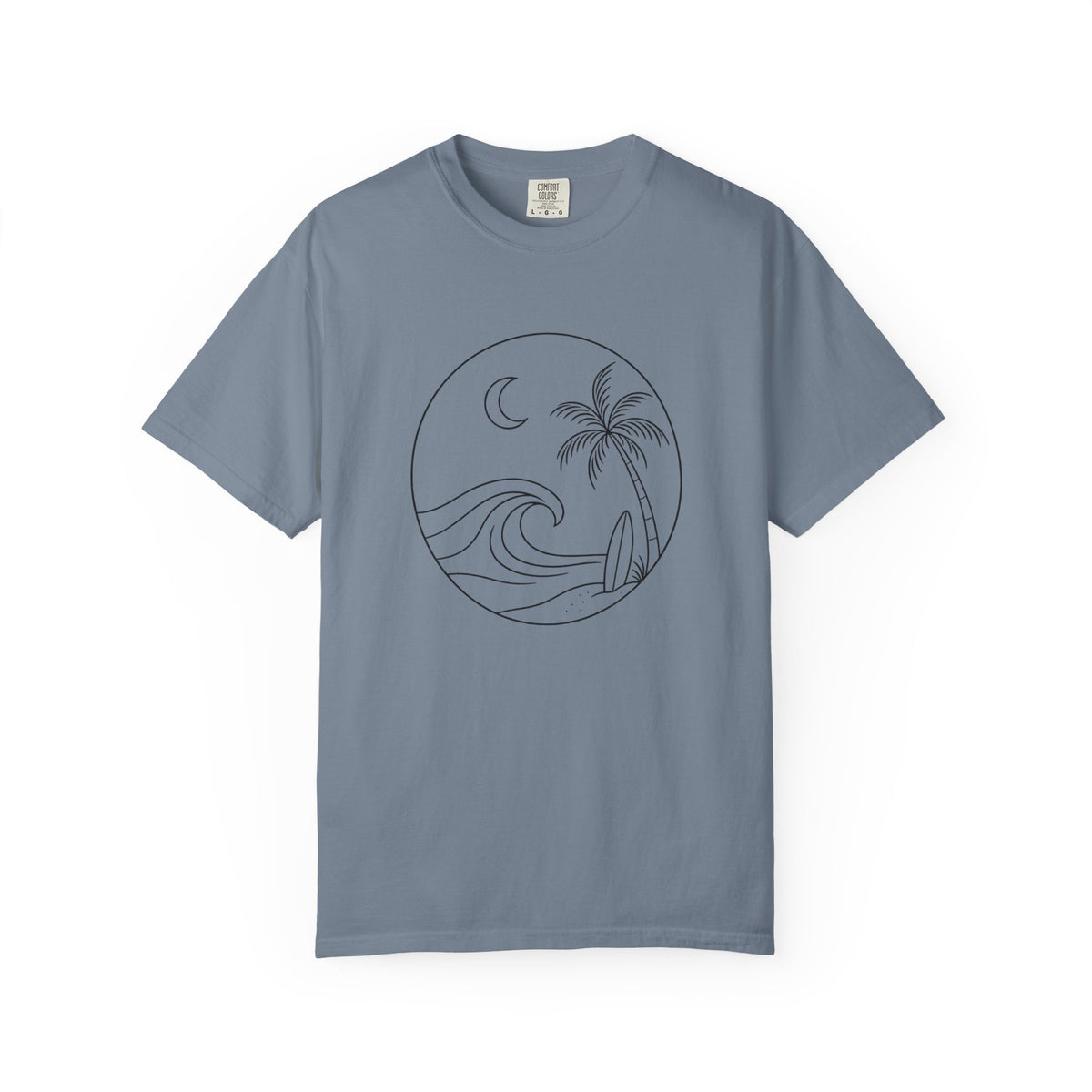 Moonlit Surf Line Art T-Shirt | Palm Tree Wave Circle Design