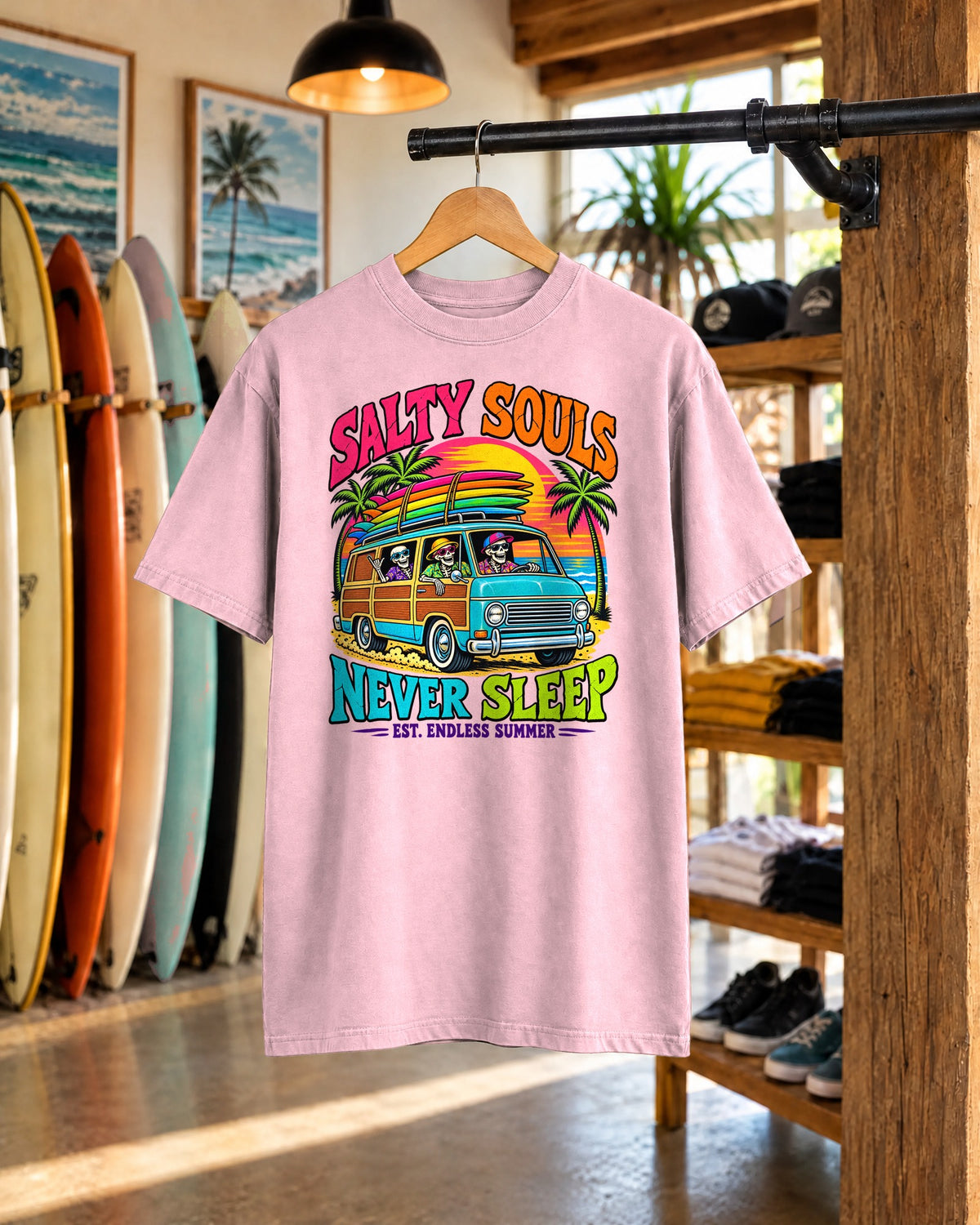 Salty Souls Never Sleep Tee | Skeleton Surf Van Shirt | Funny Retro Surf T-Shirt | Comfort Colors