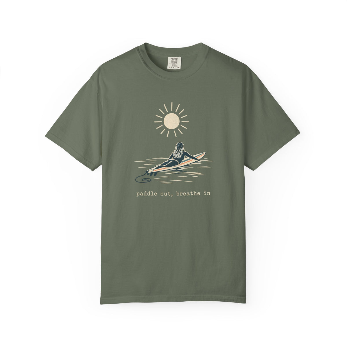 Paddle Out Breathe In Tee | Minimalist Surfer Girl Line Art Shirt | Calm Surf T-Shirt | Comfort Colors Gift