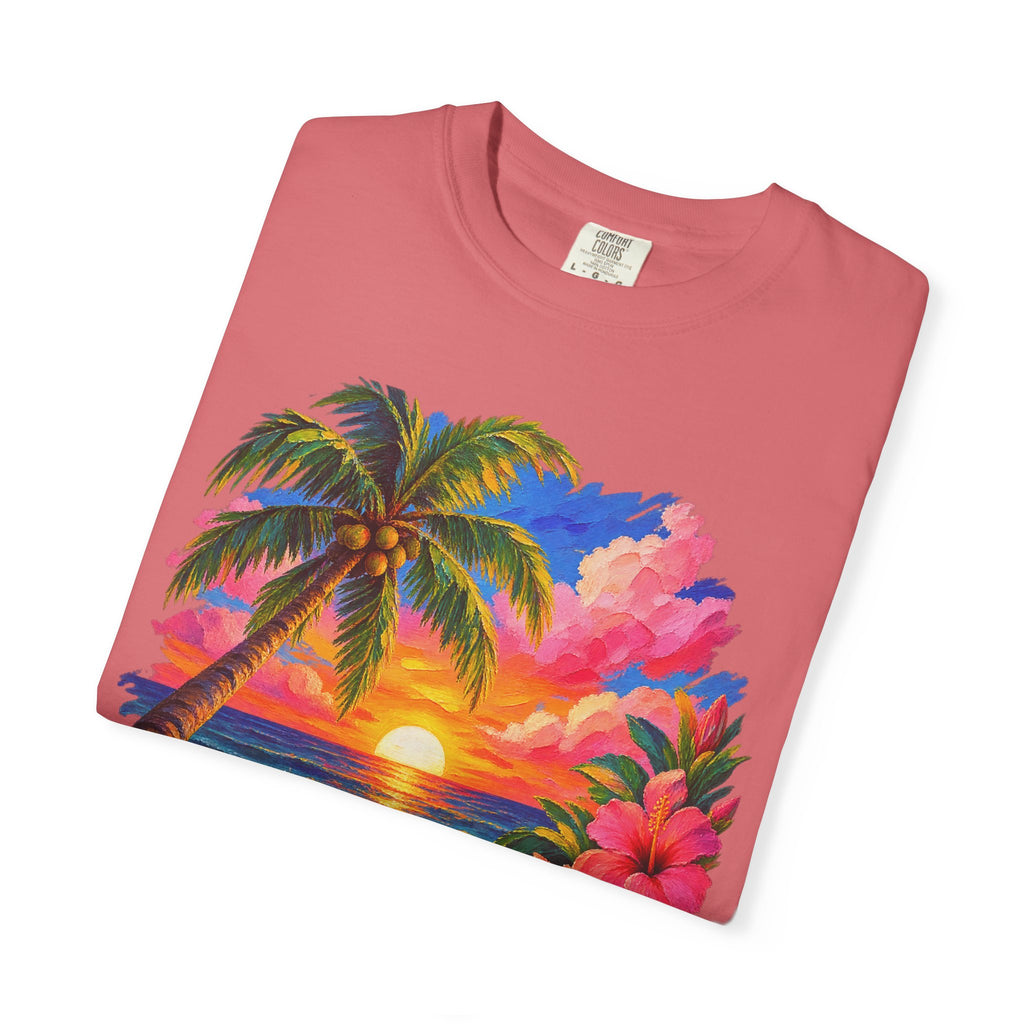 Hibiscus Sunset Ocean Shirt | Painted Tropical Seascape Tee | Comfort Colors T-Shirt
