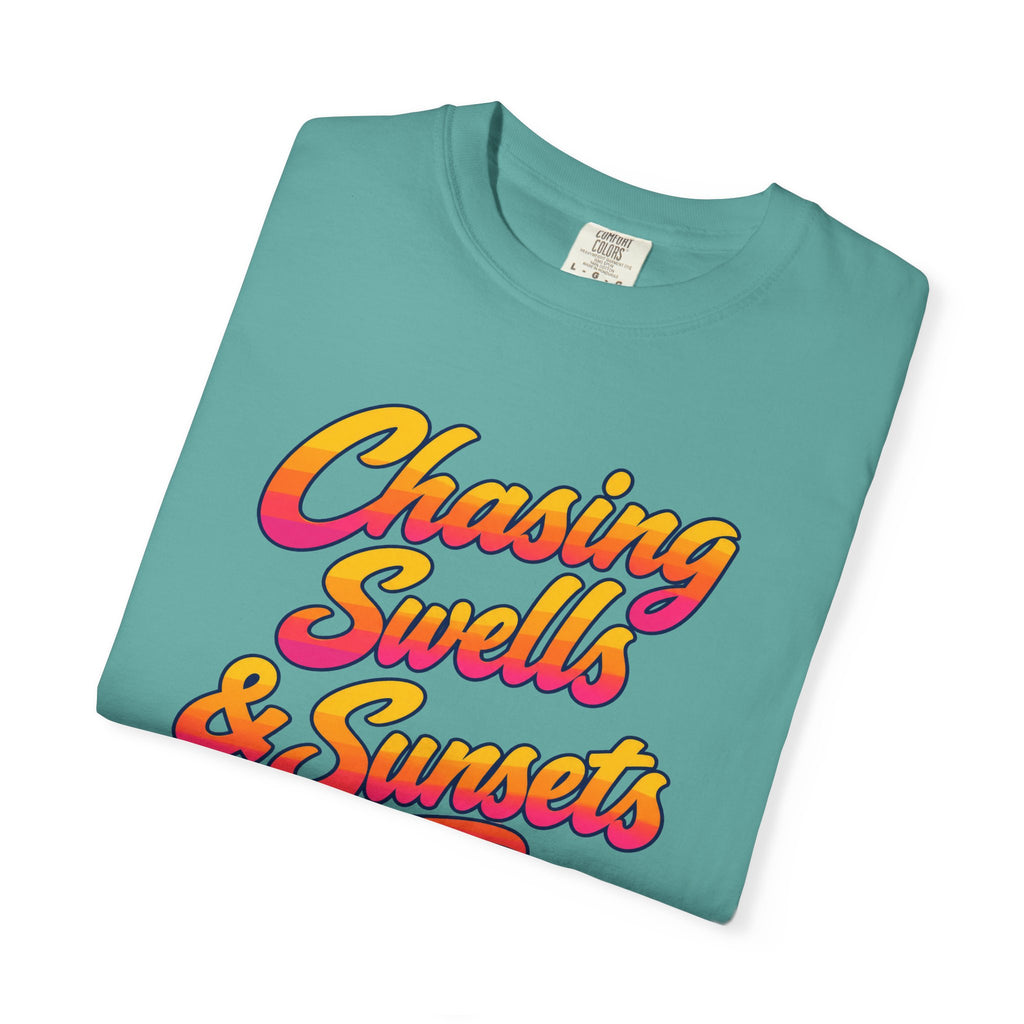 Chasing Swells and Sunsets Tee | Retro Script Surf T-Shirt | Sunset Beach Shirt | Comfort Colors Surfer Gift