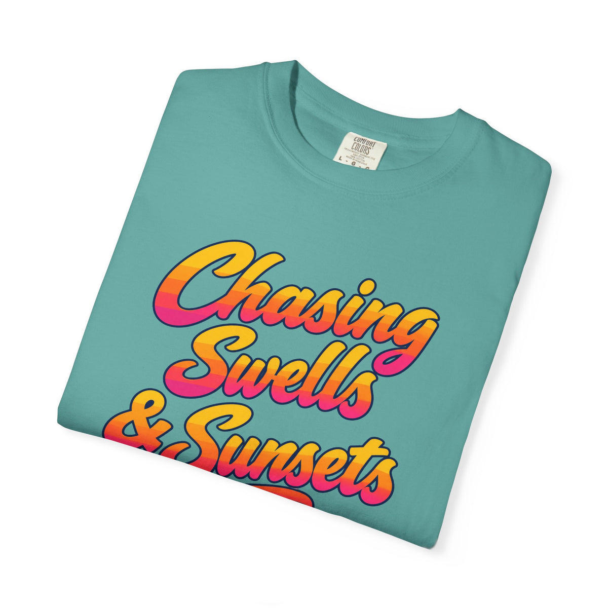Chasing Swells and Sunsets Tee | Retro Script Surf T-Shirt | Sunset Beach Shirt | Comfort Colors Surfer Gift