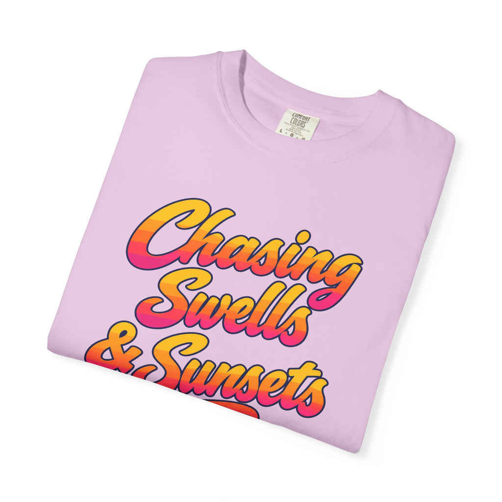 Chasing Swells and Sunsets Tee | Retro Script Surf T-Shirt | Sunset Beach Shirt | Comfort Colors Surfer Gift