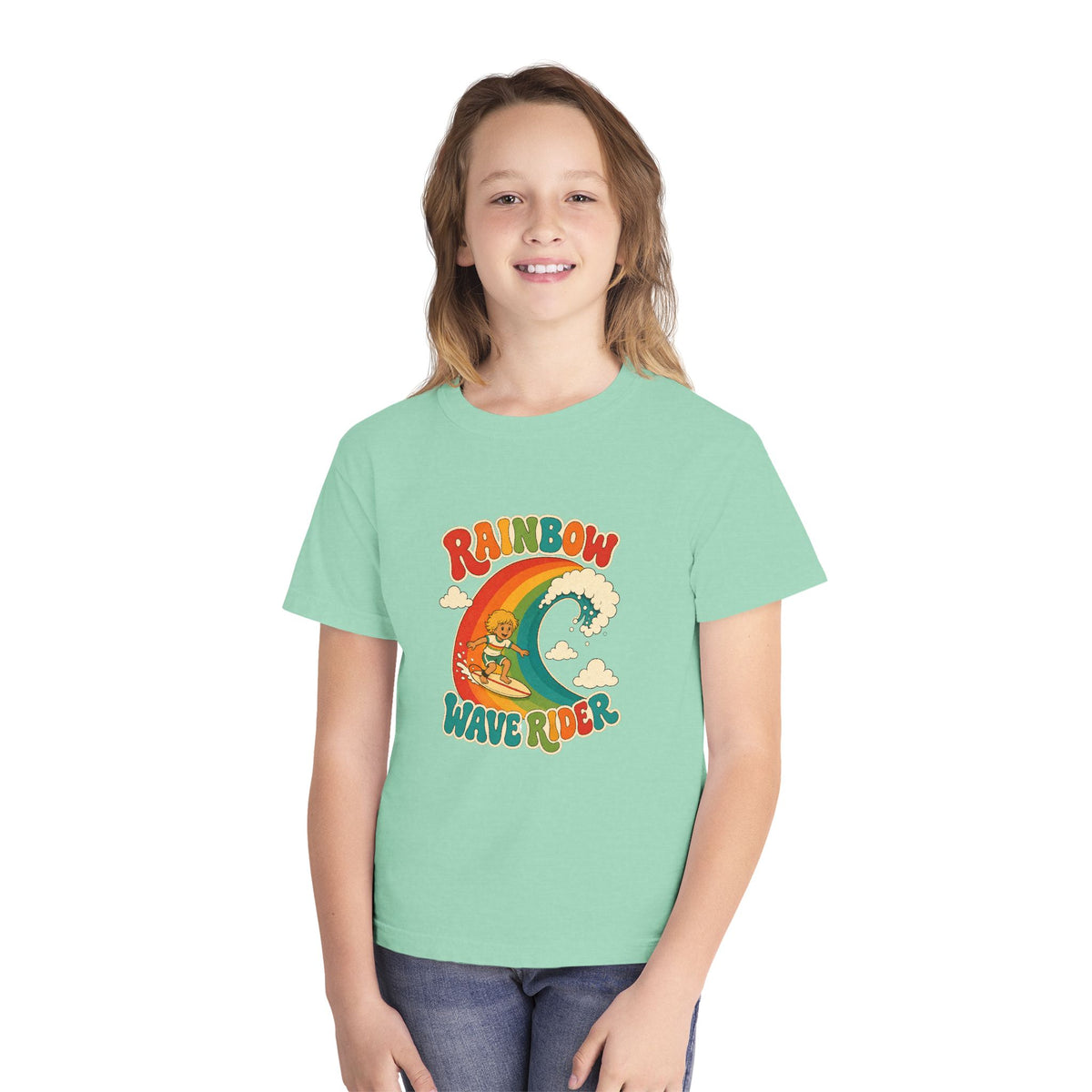 Rainbow Wave Rider Kids Tee | Rainbow Wave Kids Shirt | Youth Beach T-Shirt | Surf Kid Gift