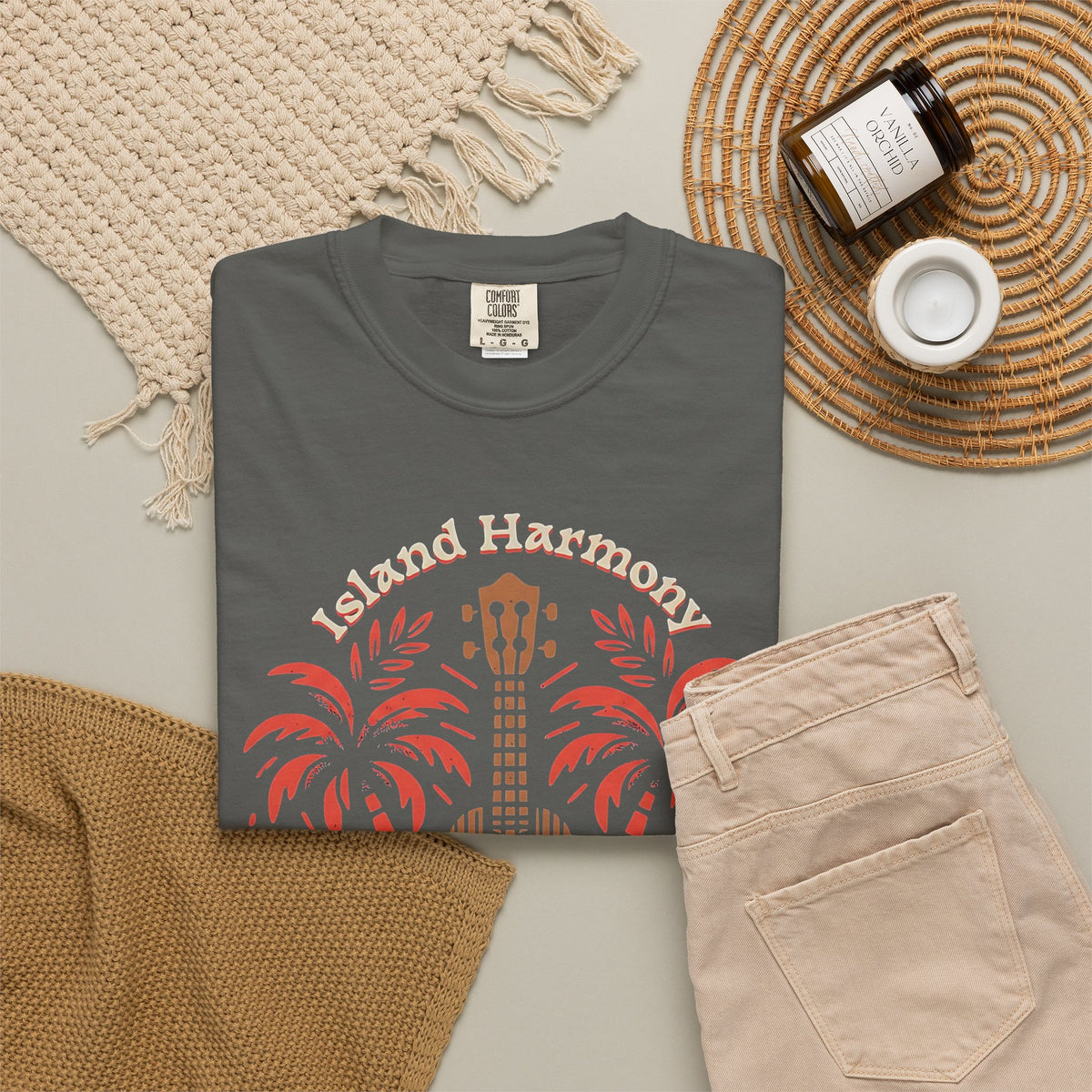 Island Harmony Guitar Tee | Can't Be Lost palm tree ukulele design