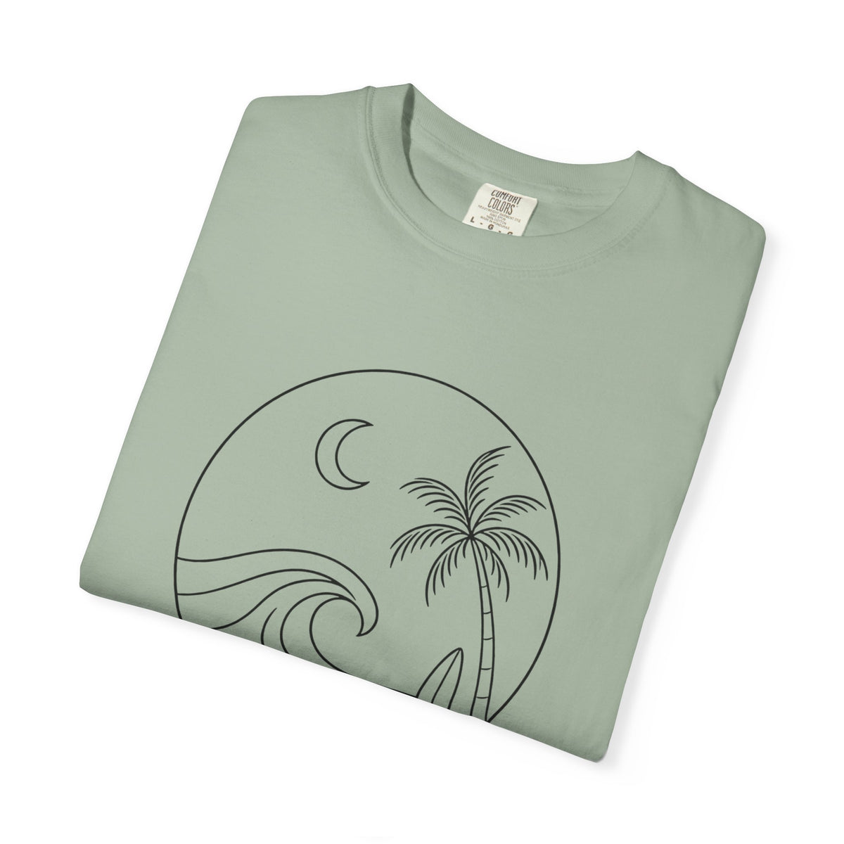 Moonlit Surf Line Art T-Shirt | Palm Tree Wave Circle Design