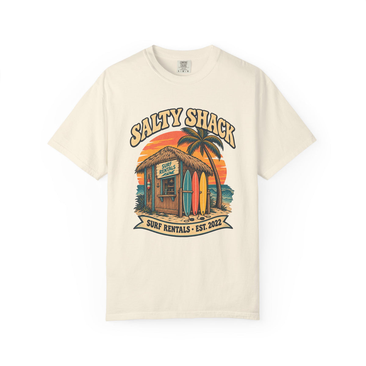 Salty Shack Surf Rentals Tee | Vintage Beach Hut Surf Shirt | Retro Surf Shop T-Shirt | Comfort Colors