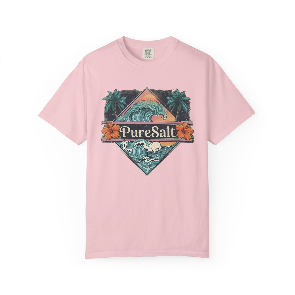 PureSalt Wave Badge Tee | Vintage Surf Wave Shirt | Retro Palm Tree Beach T-Shirt | Comfort Colors