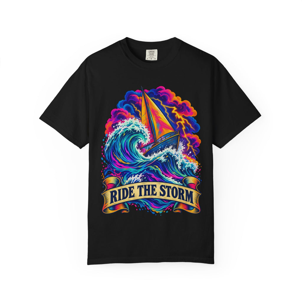 Ride The Storm Tee | Sailboat Big Wave Shirt | Bold Ocean Art T-Shirt | Comfort Colors