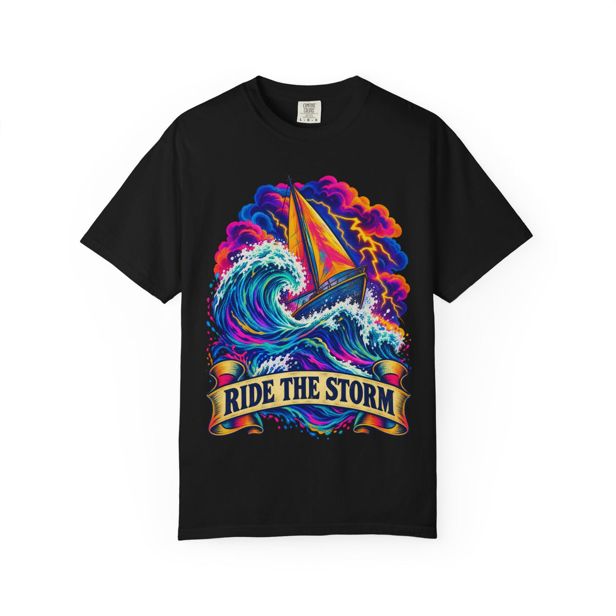 Ride The Storm Tee | Sailboat Big Wave Shirt | Bold Ocean Art T-Shirt | Comfort Colors