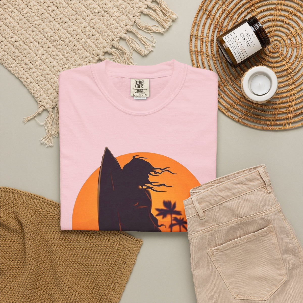 Sunset Surf Girl Tee | Retro Surfer Silhouette Shirt | Palm Tree Sunset Beach T-Shirt | Comfort Colors
