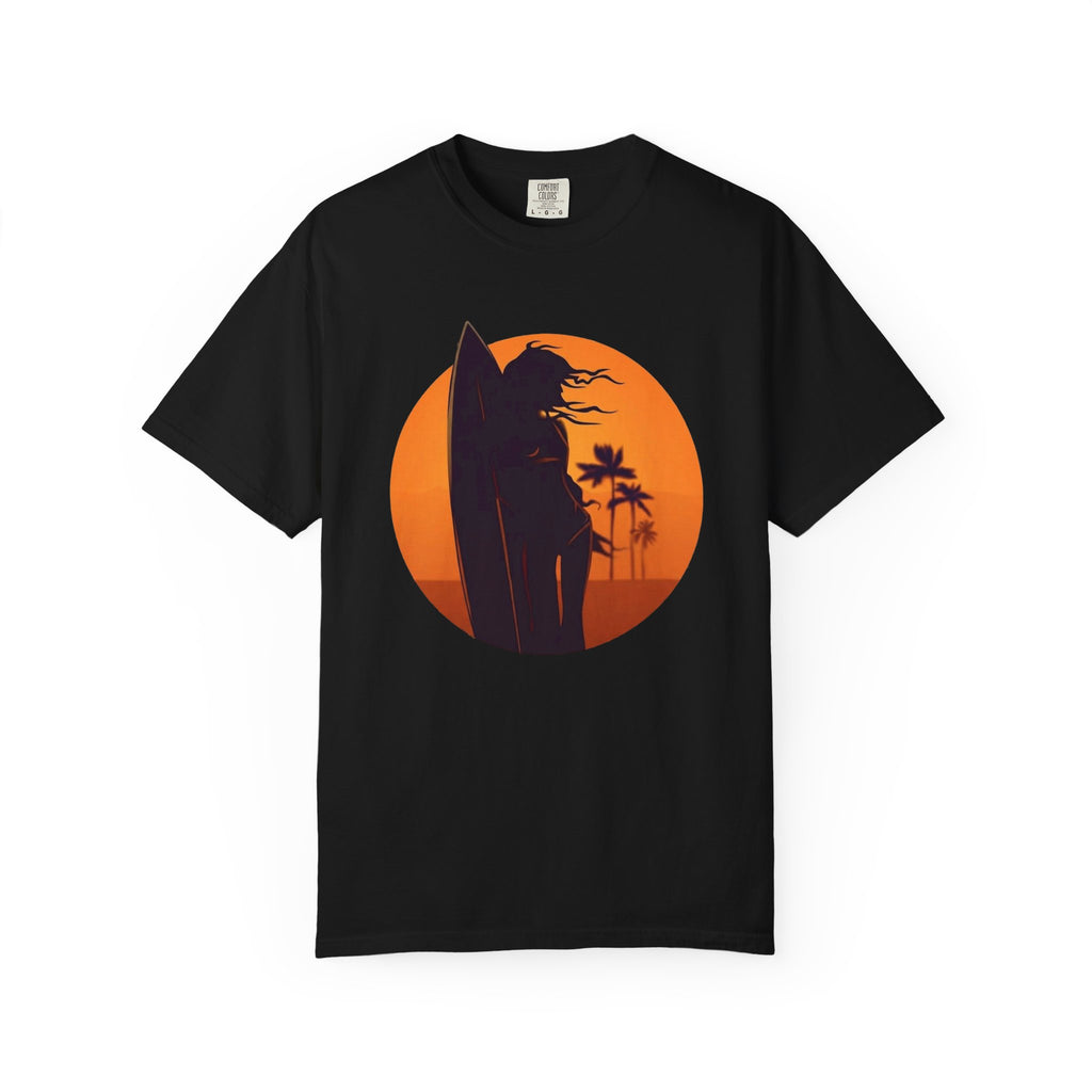 Sunset Surf Girl Tee | Retro Surfer Silhouette Shirt | Palm Tree Sunset Beach T-Shirt | Comfort Colors
