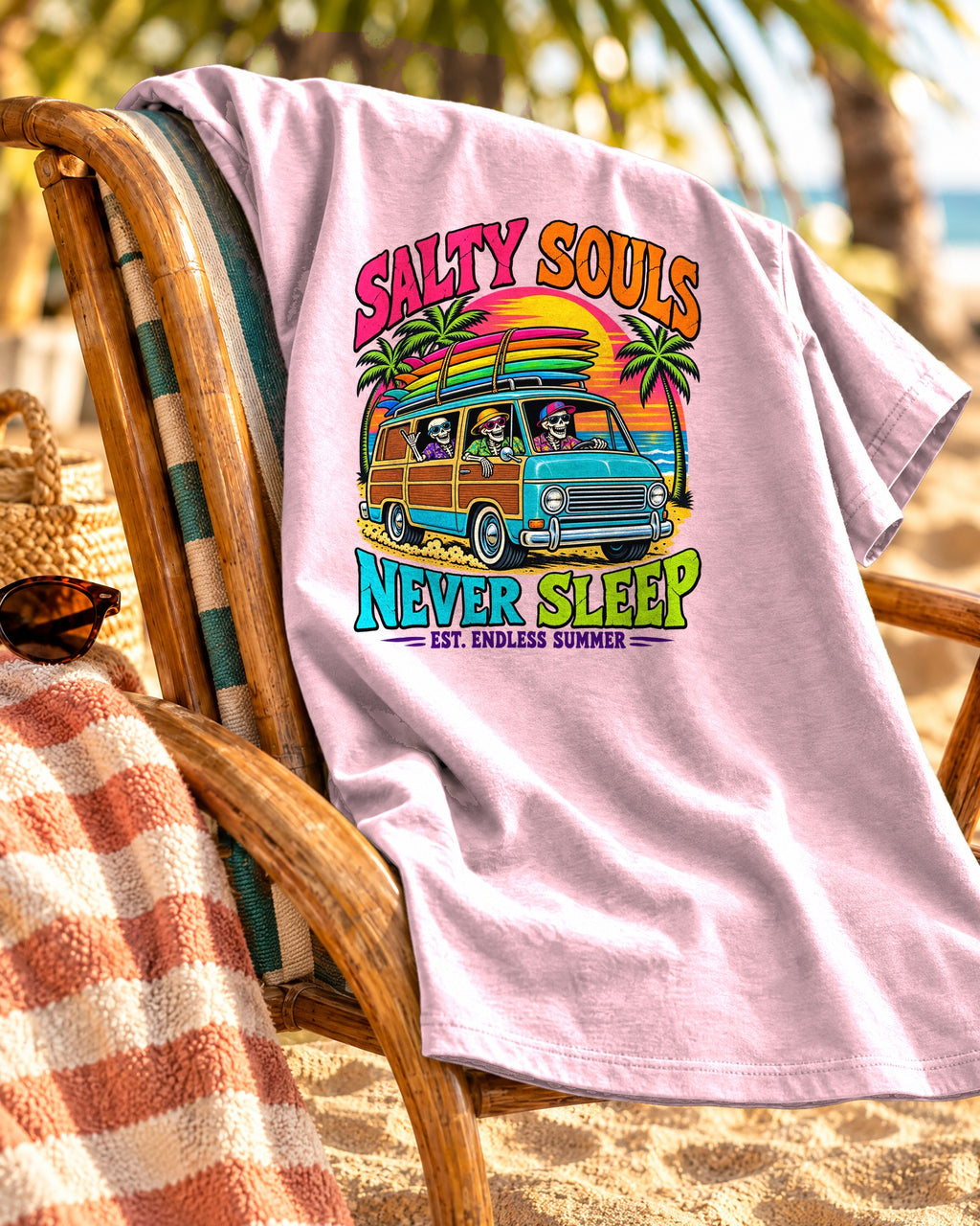 Salty Souls Never Sleep Tee | Skeleton Surf Van Shirt | Funny Retro Surf T-Shirt | Comfort Colors