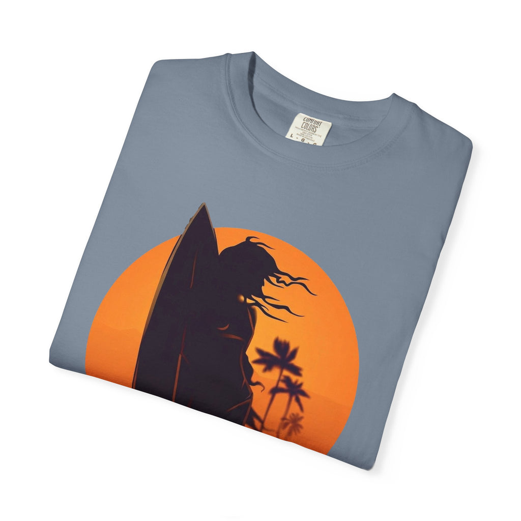 Sunset Surf Girl Tee | Retro Surfer Silhouette Shirt | Palm Tree Sunset Beach T-Shirt | Comfort Colors