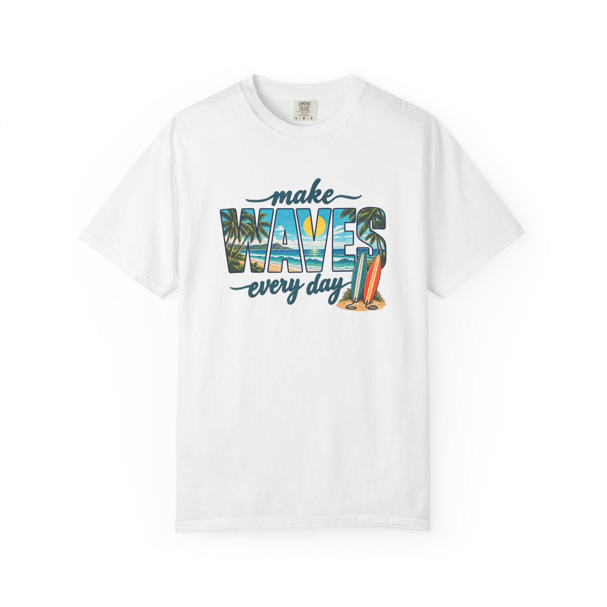 Make Waves Every Day Tee | Retro Wave Letter Surf Shirt | Tropical T-Shirt | Comfort Colors Gift