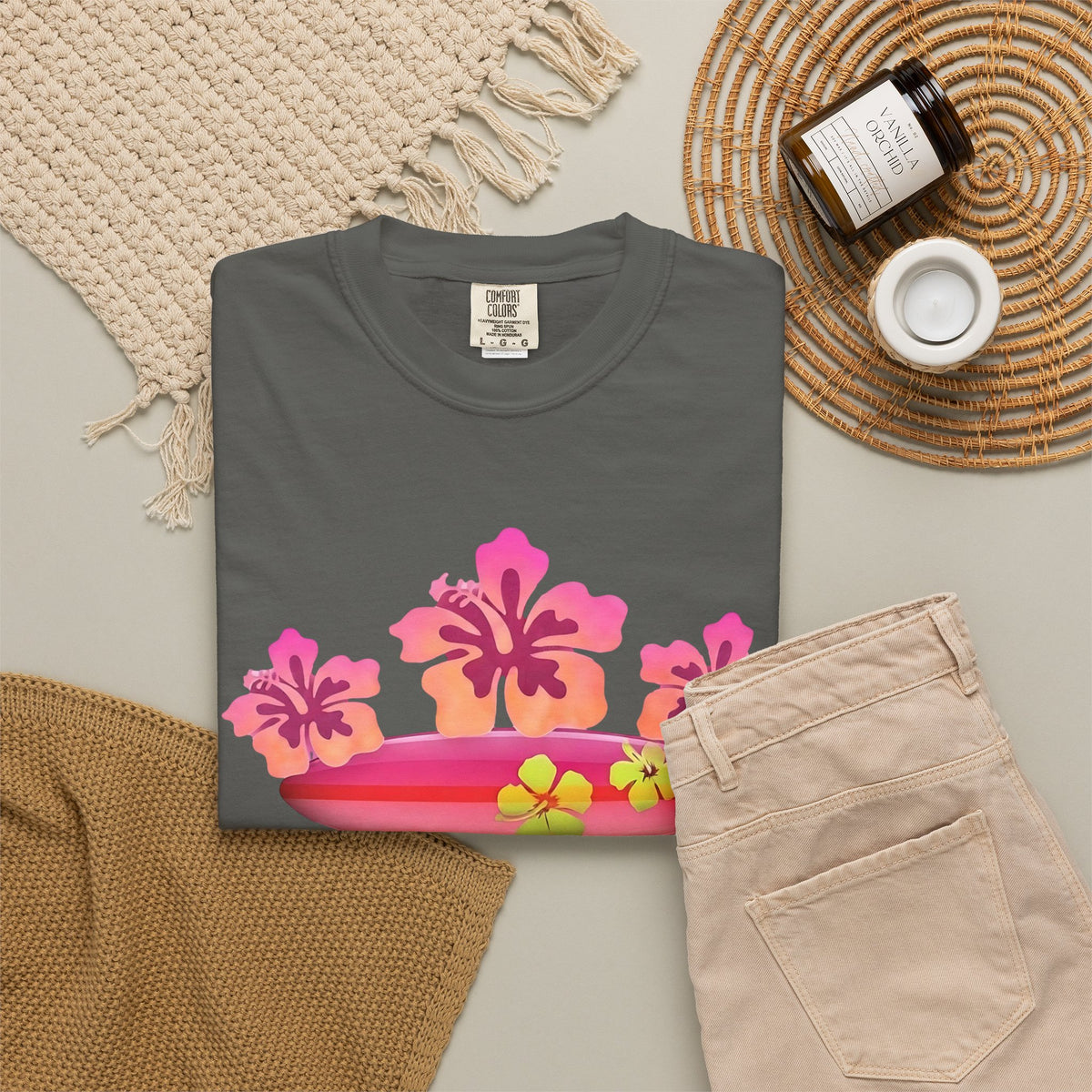 Hibiscus Surfboard Tee | Pink Hibiscus Surf Shirt | Tropical Surfer Girl T-Shirt | Comfort Colors