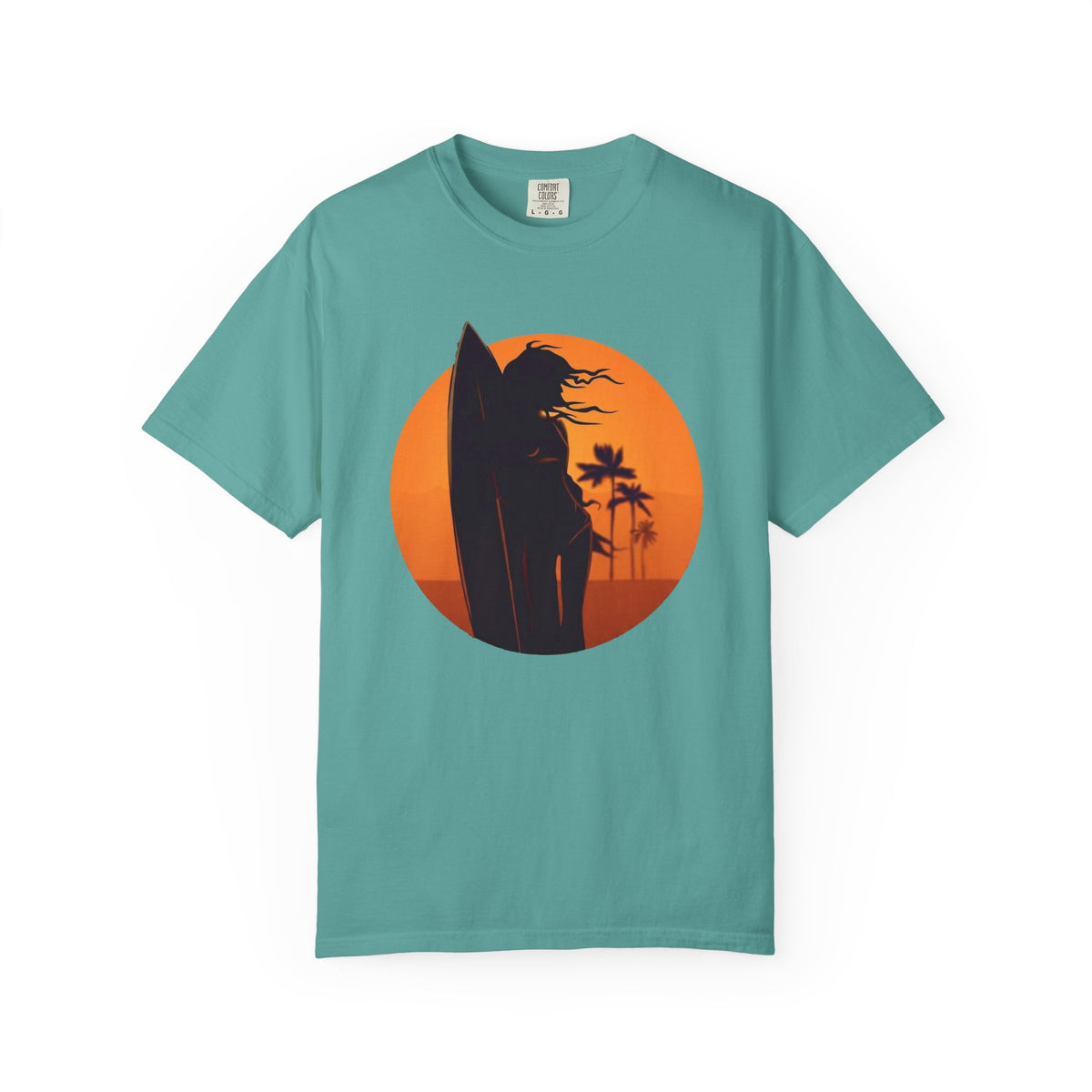 Sunset Surf Girl Tee | Retro Surfer Silhouette Shirt | Palm Tree Sunset Beach T-Shirt | Comfort Colors
