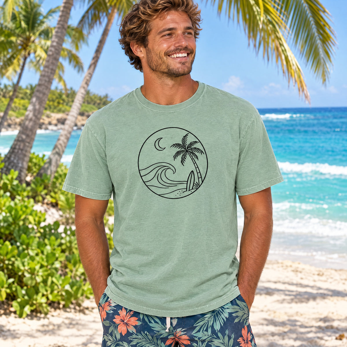 Moonlit Surf line art palm wave tee lifestyle