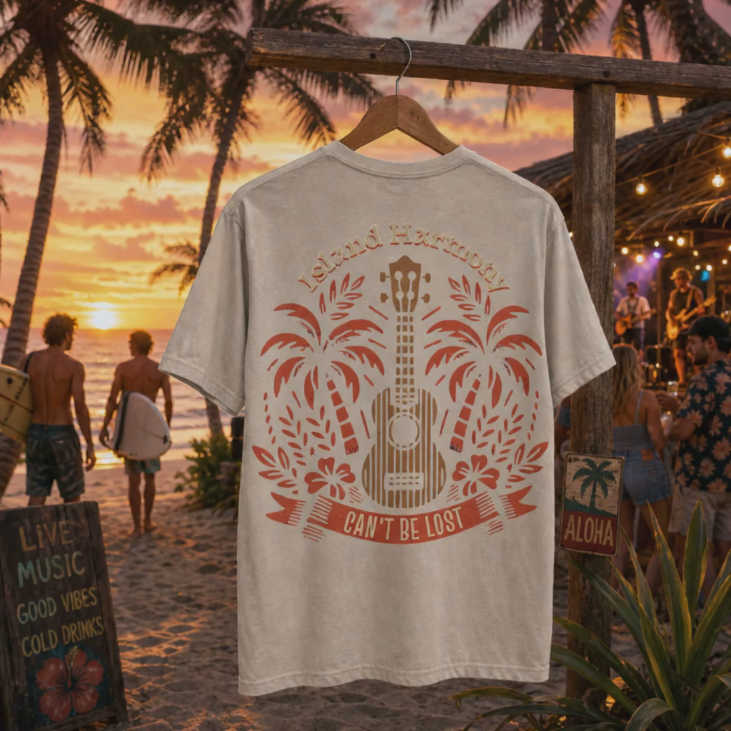 Island Harmony Guitar Tee | Can't Be Lost palm tree ukulele design